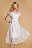 Ifomt - White Lace Puff Sleeve Sweetheart Neck Midi Dress