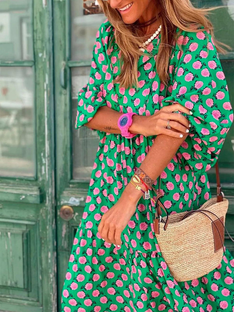 IFOMT 2024 New Fashion Elegant Hot Green Printed Vacation Loose Maxi Dresses