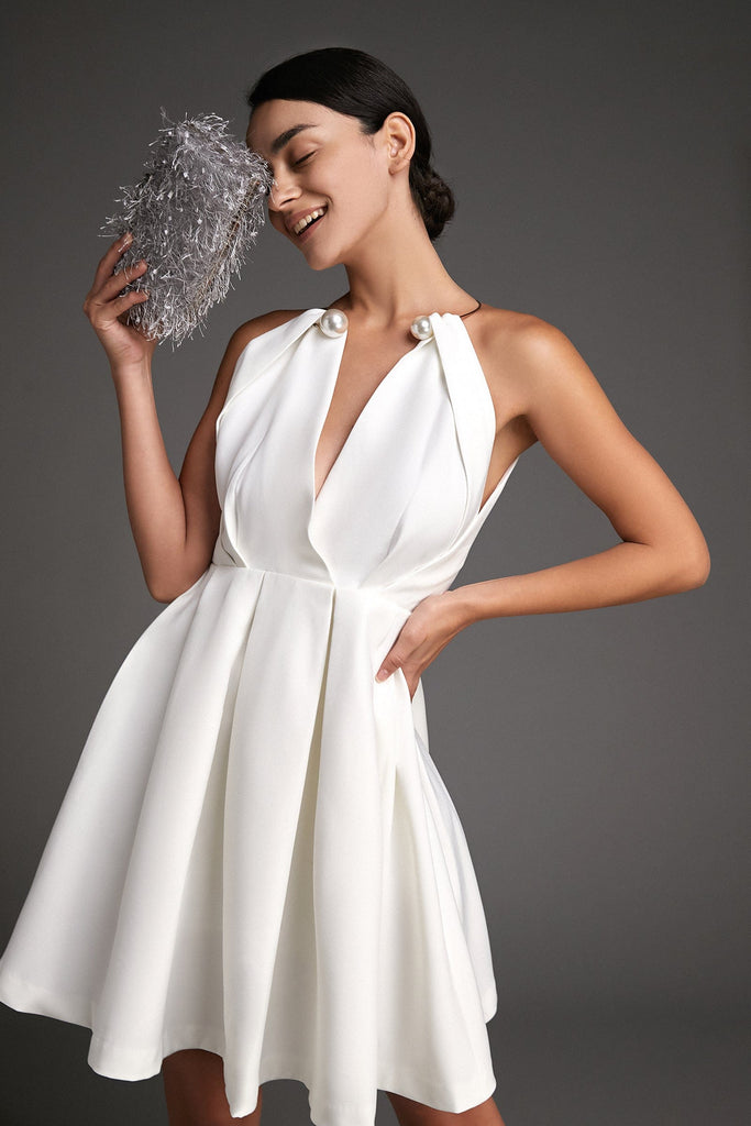 Ifomt - White Sleeveless Metal Ring Halter Mini Dress