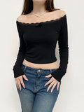 IFOMT 2024 Fashion Woman tops y2k style Black Lace Trim Knit Bow Off Shoulder Top