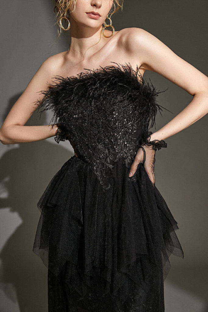 Ifomt - Black Strapless Feather Trim Lace Tulle Maxi Dress