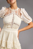 Ifomt - Beige Mesh Lace Trim Pleated Tiered Maxi Dress