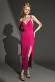 Ifomt - Deep Pink Spaghetti Strap V-Neck Bodycon Midi Dress