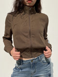 IFOMT 2024 Fashion Woman tops y2k style Brown High Waist Bomber Zip Up Jacket