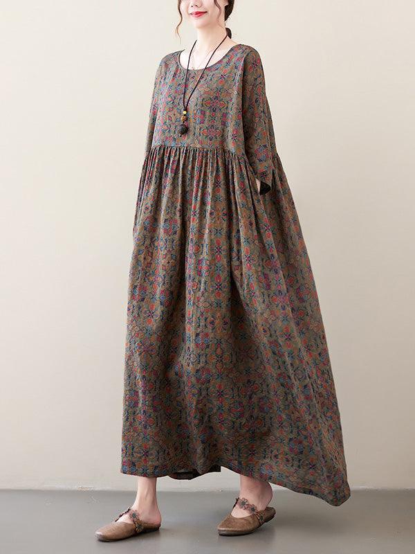 IFOMT 2024 New Fashion Elegant Vacation Loose Half Sleeves Floral Printed Pleated Round-Neck Midi Dresses