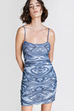 Ifomt - Steel Blue Wavy Print Ruched Mini Dress