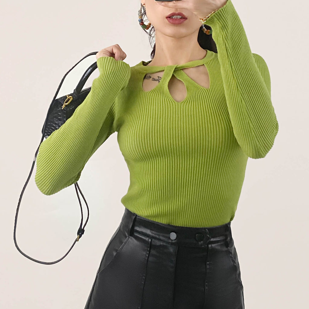 Ifomt Green Knitted Cut Out Detail Sweater