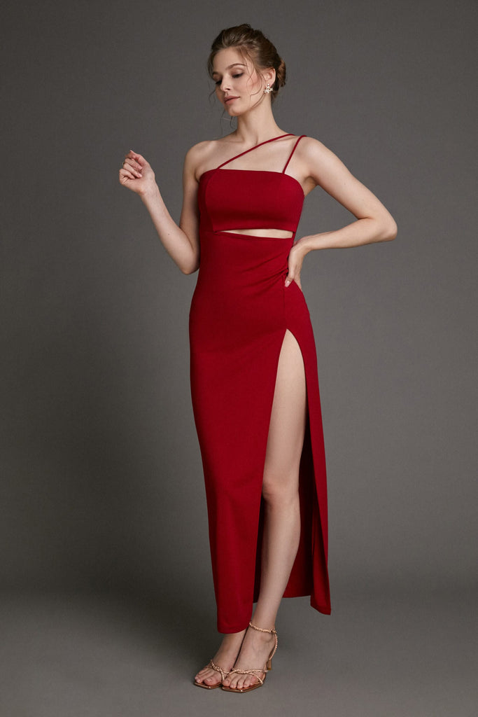 Ifomt - Crimson Asymmetric One Shoulder Cut Out Maxi Dress