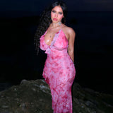 IFOMT Beach Vacation Tie Dye Print Ruffle Trim Halter Maxi Dress - Pink
