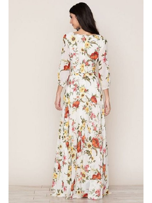 Women's Swing Dress Long Dress Maxi Dress White 3/4 Length Sleeve Floral Print Fall Spring Crew Neck 2023 S M L XL 2XL