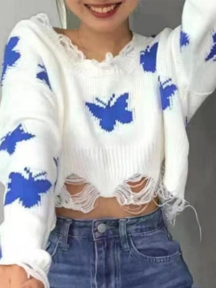 Ifomat Butterfly Print Ripped Edge Off Shoulder Short Sweater