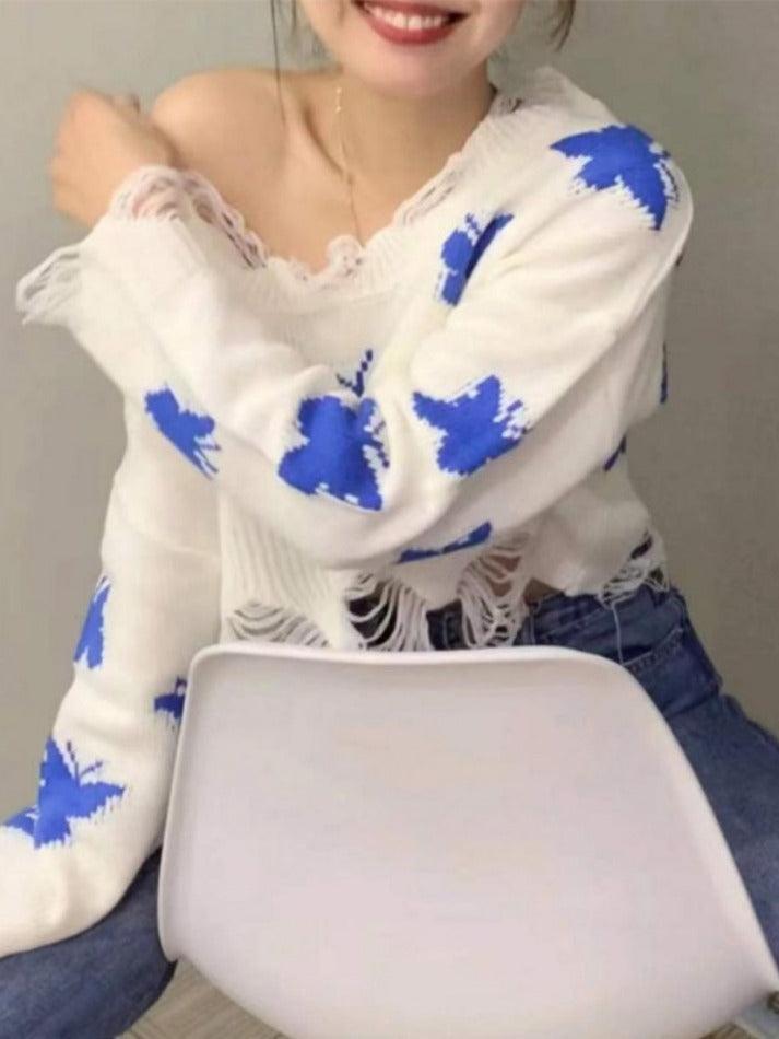 Ifomat Butterfly Print Ripped Edge Off Shoulder Short Sweater