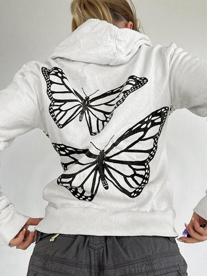 Ifomat Butterfly Print Zip Up Oversized Hoodie