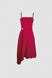 Ifomt - Dark Red Spaghetti Strap Asymmetric Hem Midi Dress