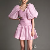 Ifomt - Pink Organza Off-the-Shoulder Puff Sleeve Cut Out Mini Dress