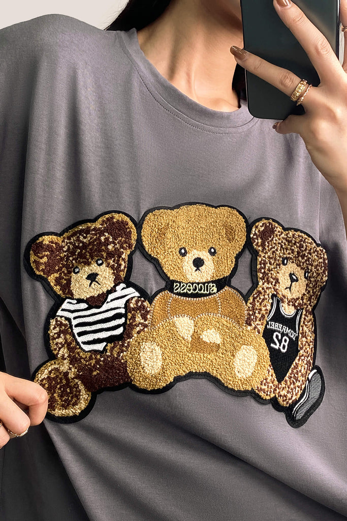 Ifomt DarkGray Teddy Bear Embroidered T-Shirt
