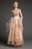 Ifomt - Pink Strapless Sequin Lace-Up Back Tulle Maxi Dress