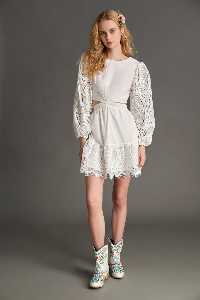 Ifomt - White Balloon Sleeve Cut Out Lace Mini Dress