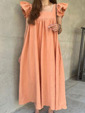IFOMT 2024 New Fashion Elegant Square Neck and Fungus Trim Paneled Pleated Fly Sleeve Dress