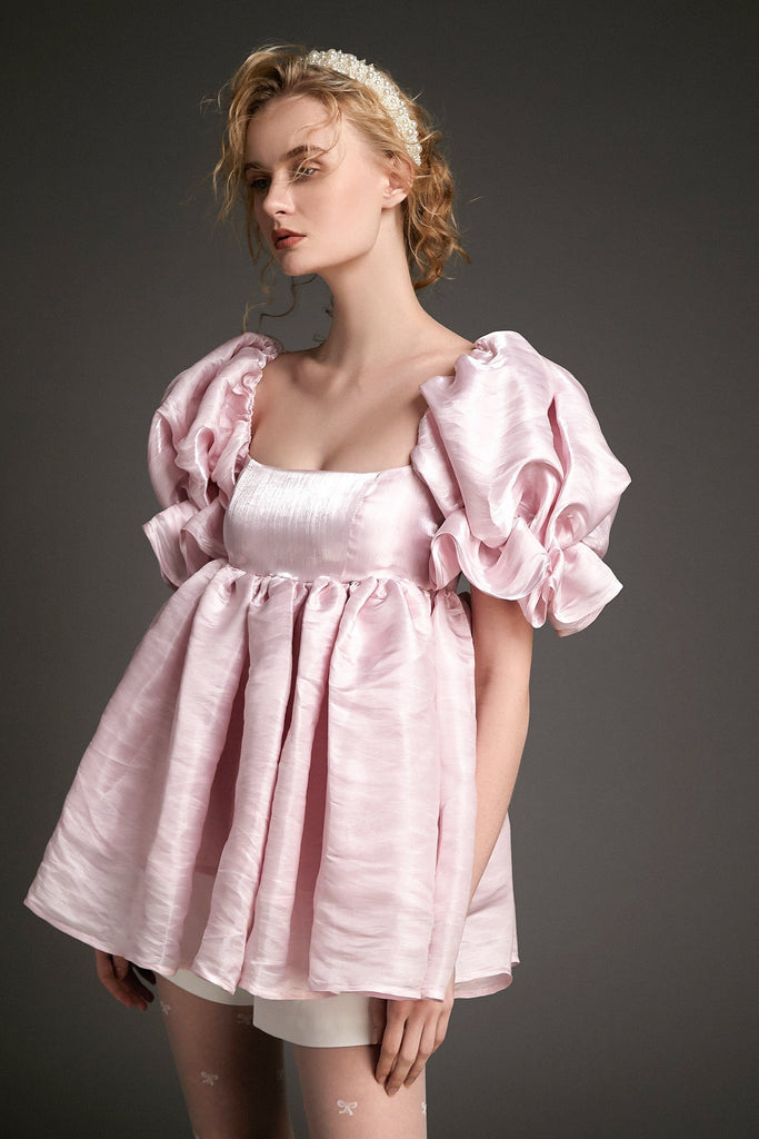 Ifomt - Pink Puff Sleeve Organza Babydoll Mini Dress