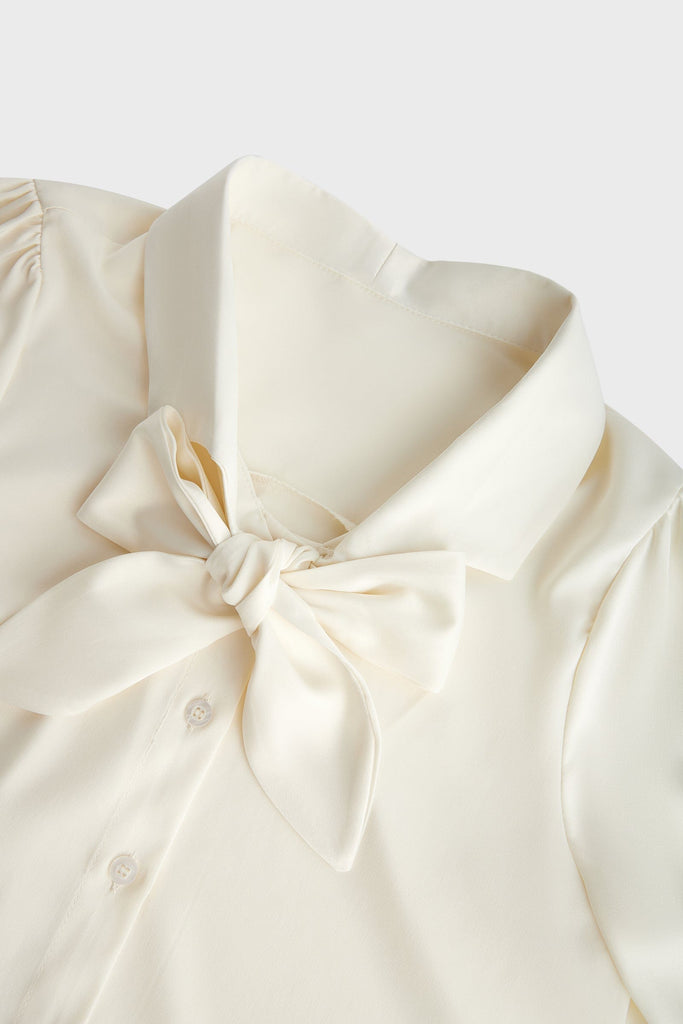 Ifomt Ivory Satin Tie-Neck Long Sleeve Shirt