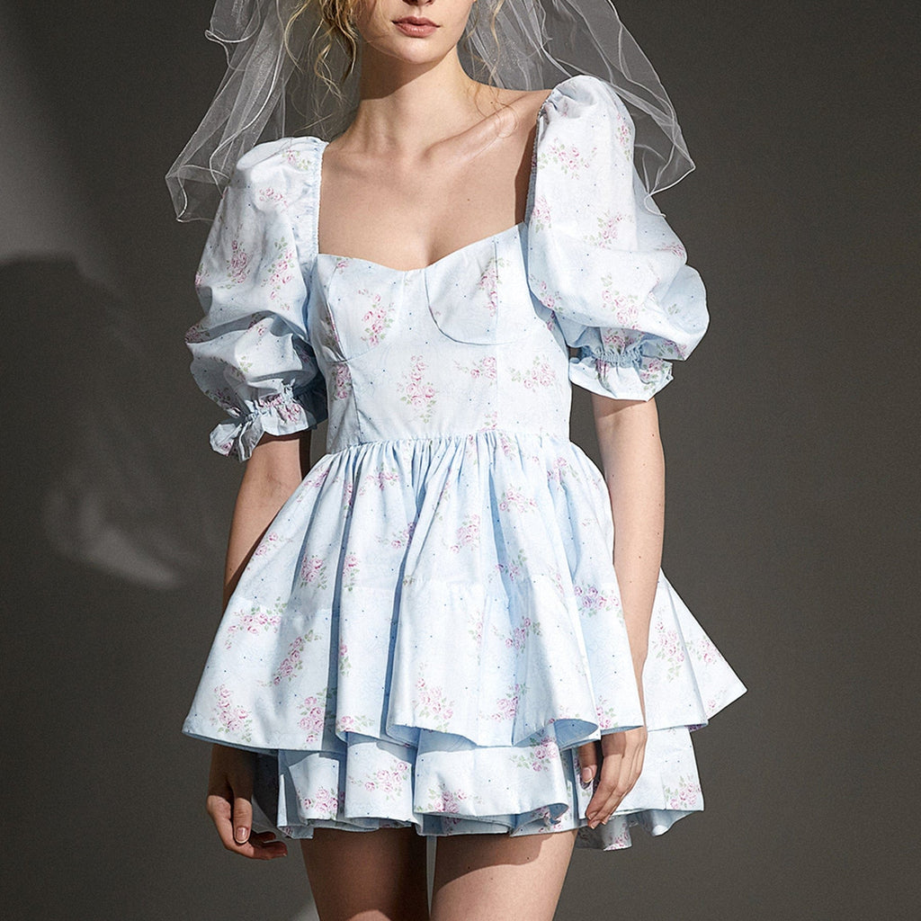 Ifomt - Light Blue Floral Print Puff Sleeve Tiered Babydoll Mini Dress
