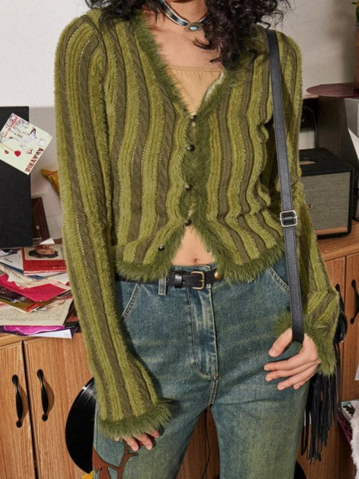 Ifomat Contrast Color Vertical Stripe V Neck Cardigan