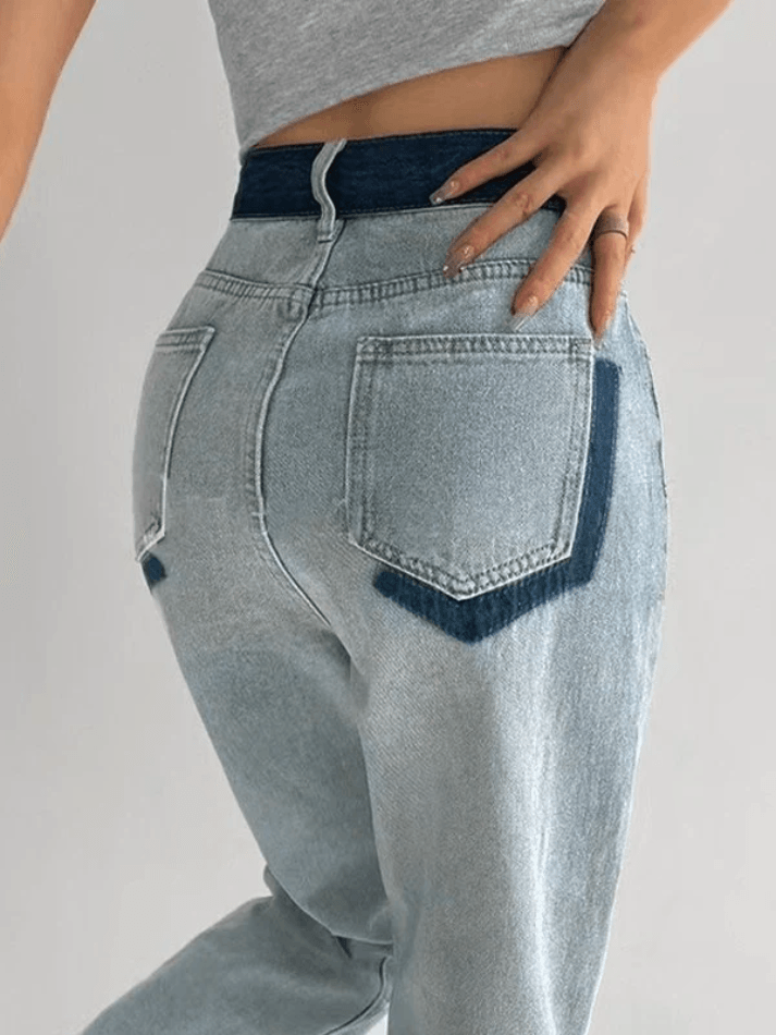 Ifomat Contrasting Color Drape Slim Jeans