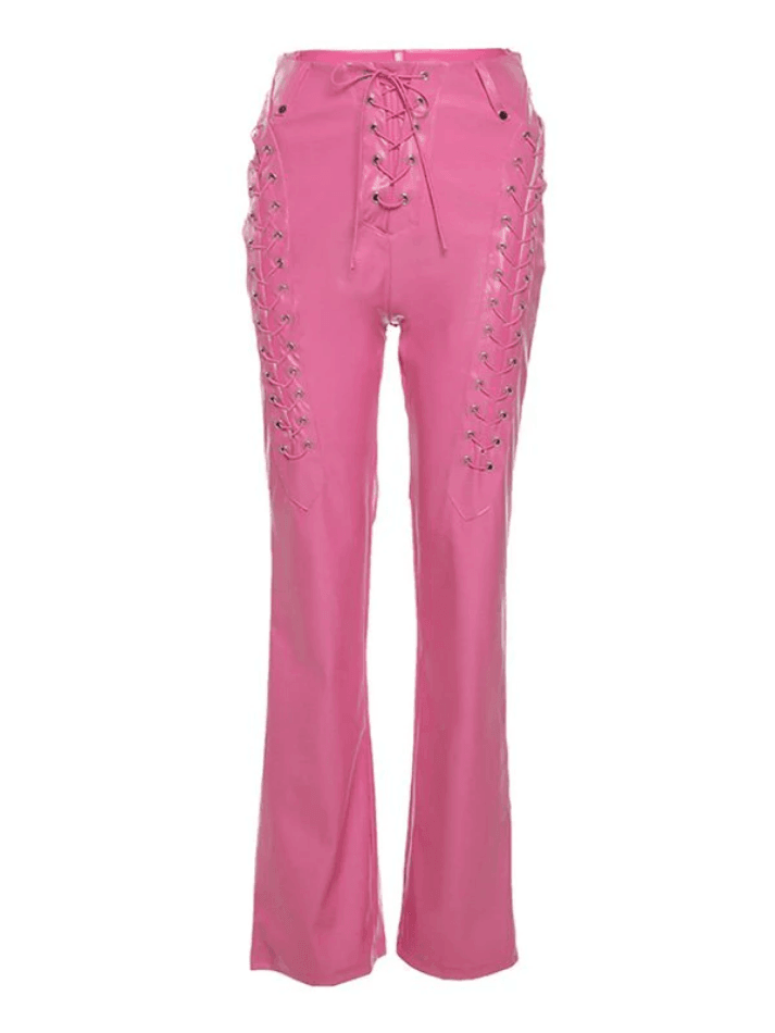Ifomat Cut-out Lace Up Pu Leather Pants