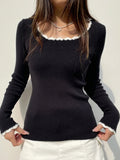IFOMT 2024 Fashion Woman tops y2k style Black Patched Ruched Long Sleeves Sweater
