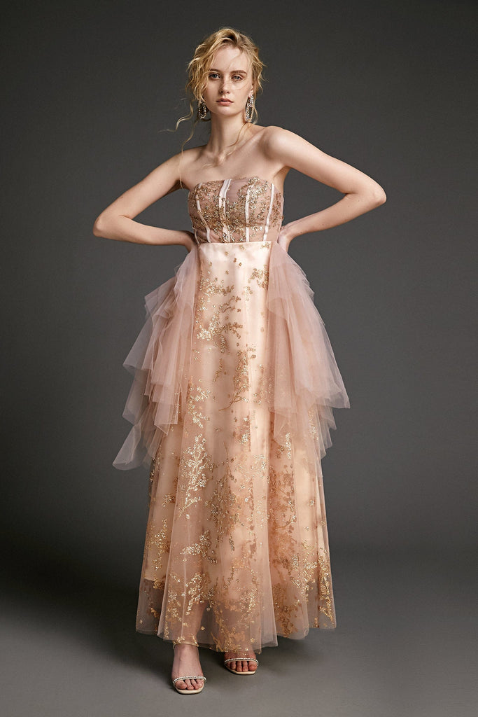 Ifomt - Pink Strapless Sequin Lace-Up Back Tulle Maxi Dress