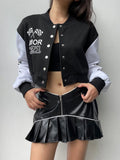 IFOMT 2024 Fashion Woman tops y2k style Black White Print Baseball Buttons Jacket