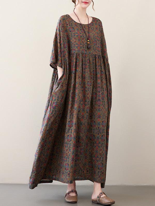IFOMT 2024 New Fashion Elegant Vacation Loose Half Sleeves Floral Printed Pleated Round-Neck Midi Dresses