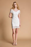 Ifomt - White Lace V-Neck Short Sleeve Mini Dress