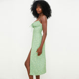 IFOMT Daisy Printed Tied Bustier High Slit Slip Midi Dress - Light Green