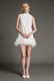 Ifomt - White Sleeveless Mock Neck Feather-Trimmed Mini Dress