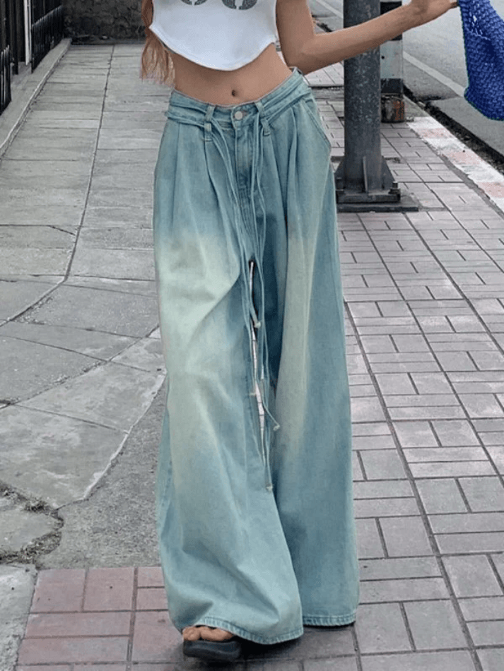 Ifomat Drawstring Relaxed Wide-Leg Jeans