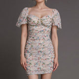 Ifomt - Multicolor Floral Print Rhinestone-Embellished Ruched Mesh Mini Dress