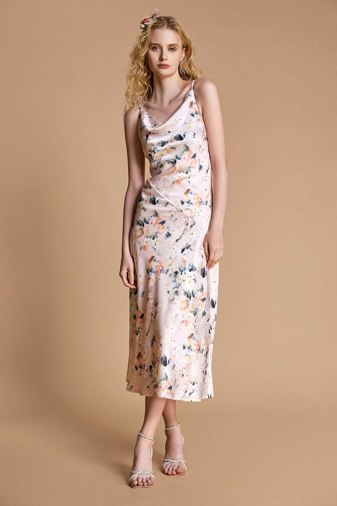 Ifomt - Pink Floral Print Cowl Neck Mermaid Maxi Dress