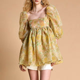 Ifomt - Lemon Chiffon Floral Print Puff Sleeve Babydoll Smock Mini Dress
