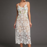 Ifomt - White Floral Lace V-Neck Spaghetti Strap Midi Dress