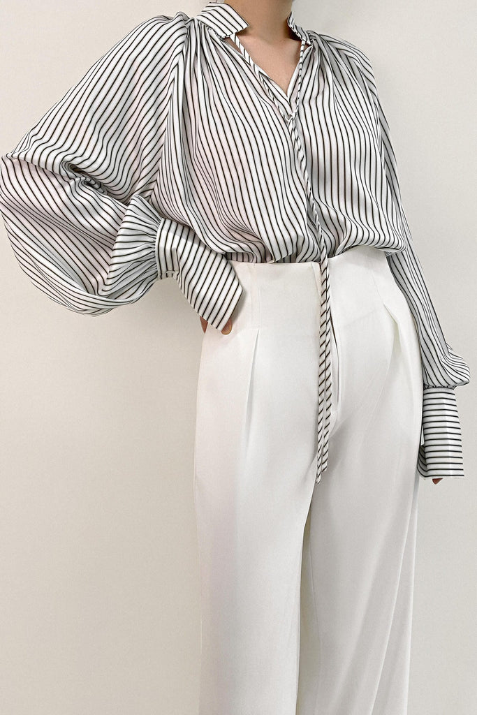Ifomt White High Neck Tie Detail Striped Blouse