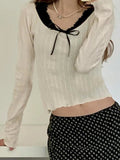 IFOMT 2024 Fashion Woman tops y2k style White Patched Slim Bow Long Sleeves Top