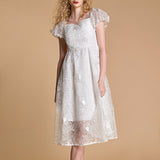 Ifomt - White Lace Puff Sleeve Sweetheart Neck Midi Dress