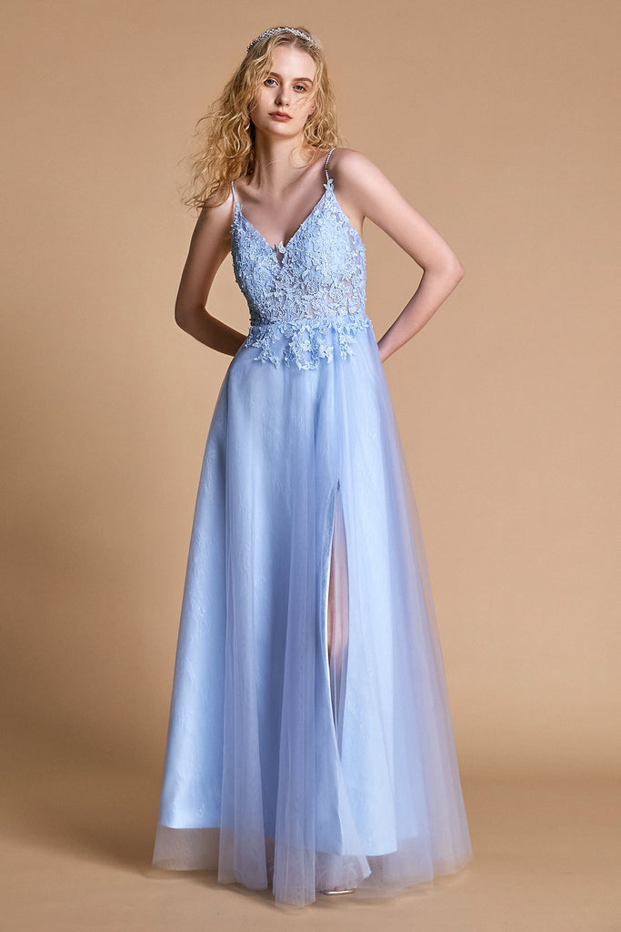 Ifomt - Light Sky Blue Lace & Tulle V-Neck Backless Maxi Dress
