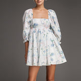 Ifomt - White Floral Print Puff Sleeve Square Neck Babydoll Mini Dress