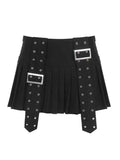 Ifomat Eyelet Buckle High Waist Pleated Mini Skirt