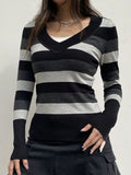 IFOMT 2024 Fashion Woman tops y2k style Vintage V Neck Stripe Long Sleeves Sweater