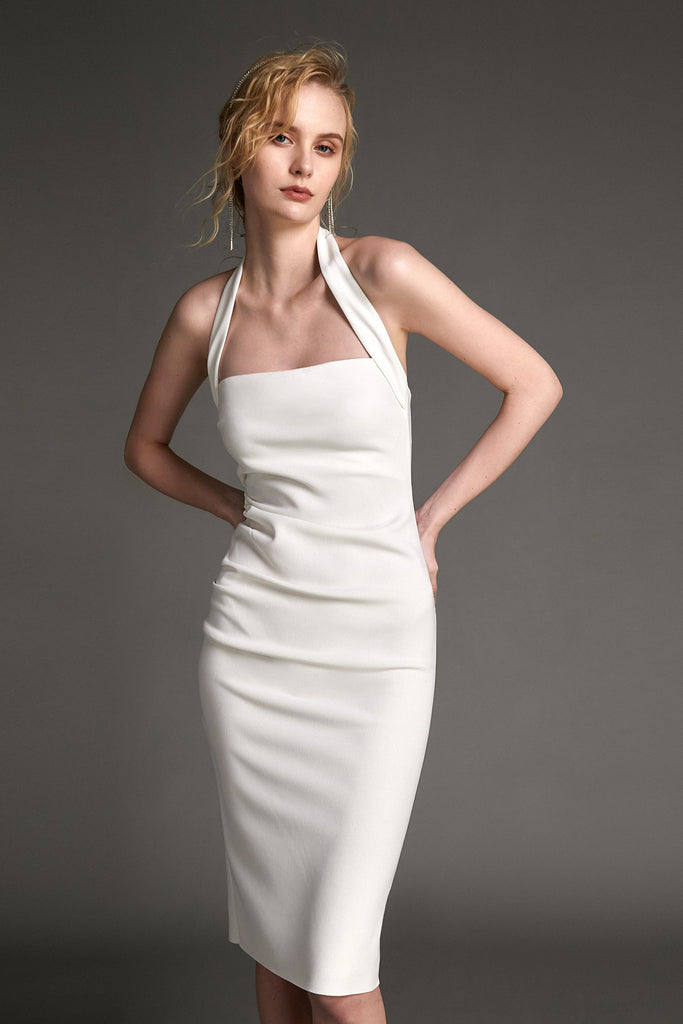 Ifomt - White Halter Bodycon Midi Dress