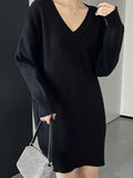 IFOMT 2024 New Fashion Elegant Simple Loose Long Sleeves Solid Color V-Neck Sweater Dresses